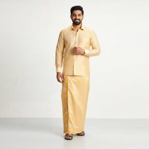 Art Silk Fresh Peach Shirt and Dhoti